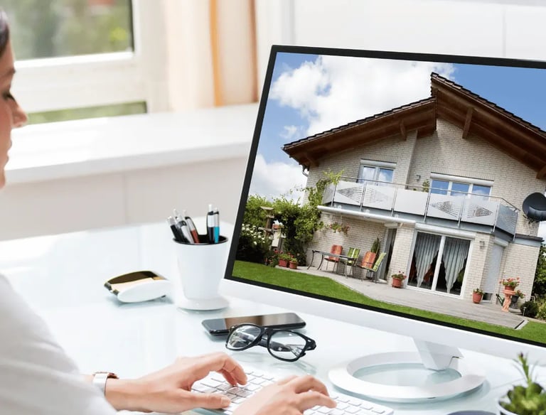 Modern home exterior and real estate listing materials on desk