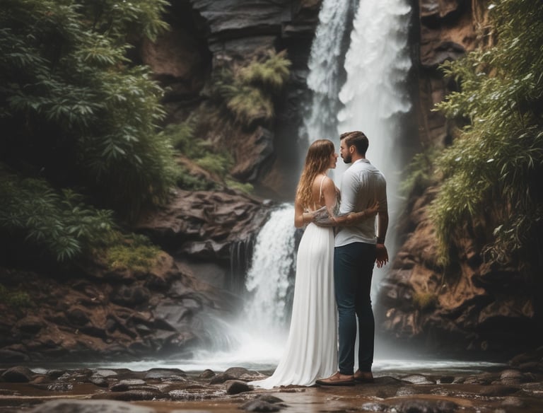 Bride and Groom at a waterfall