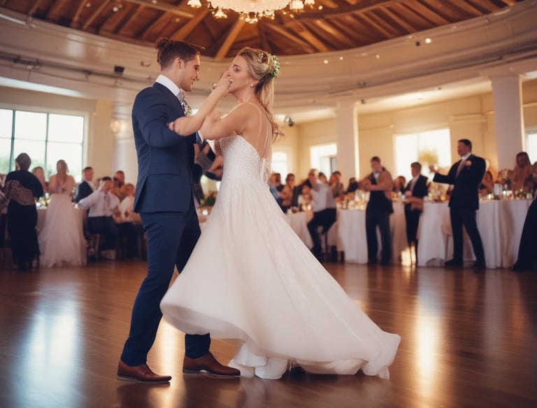 A DJ stands at a booth under a spotlight on a stage. Bright blue and white lights illuminate the scene, casting beams across the room. A crowd of people is visible in the foreground, silhouetted against the stage lighting.