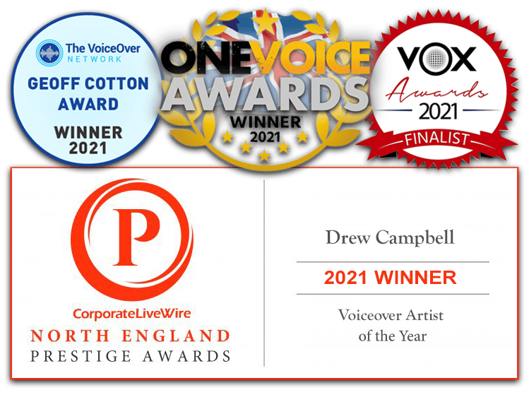 Awards that Drew has Won. One Voice Award, Vox Finalist, Geoff Cotton Award, VoiceArtist of the Year
