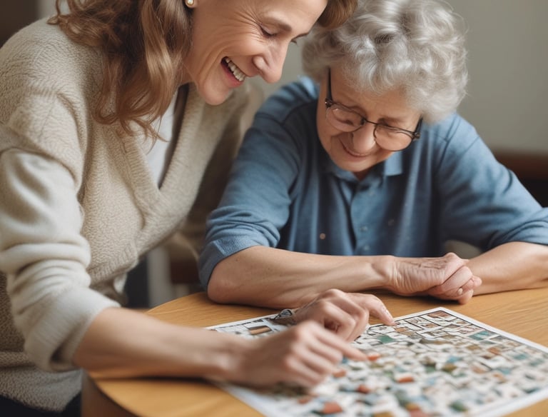 A friendly caregiver assisting a senior with a tablet device.