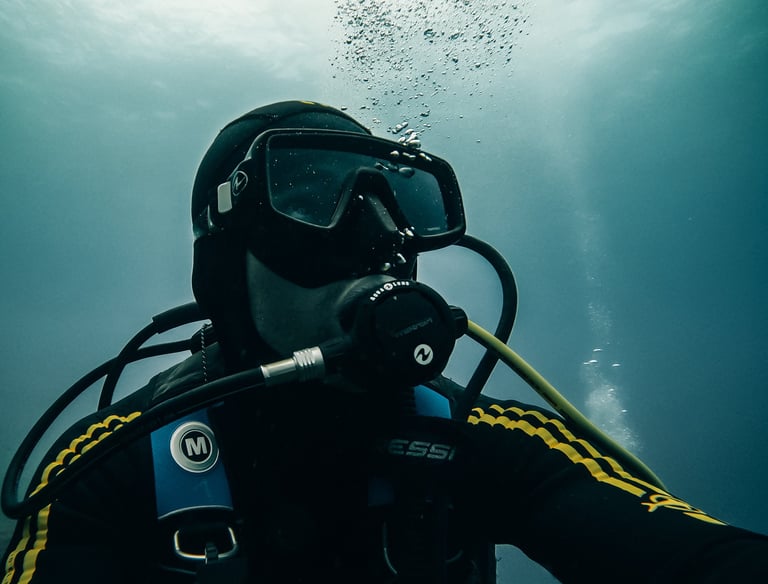 a person in a scuba suit and goggles in the water