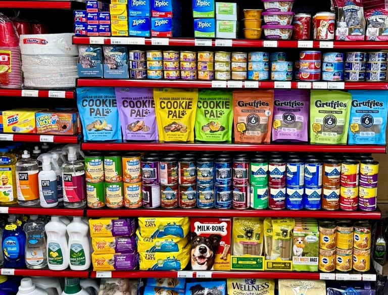 Round Hill Market shelf with pet foods, cleaning supplies, and household items including Ziploc bags and bath tissue.