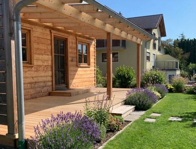 Überdachte Holzterrasse an einer Holzfassade im Garten von Holztechnik Volk am Ammersee