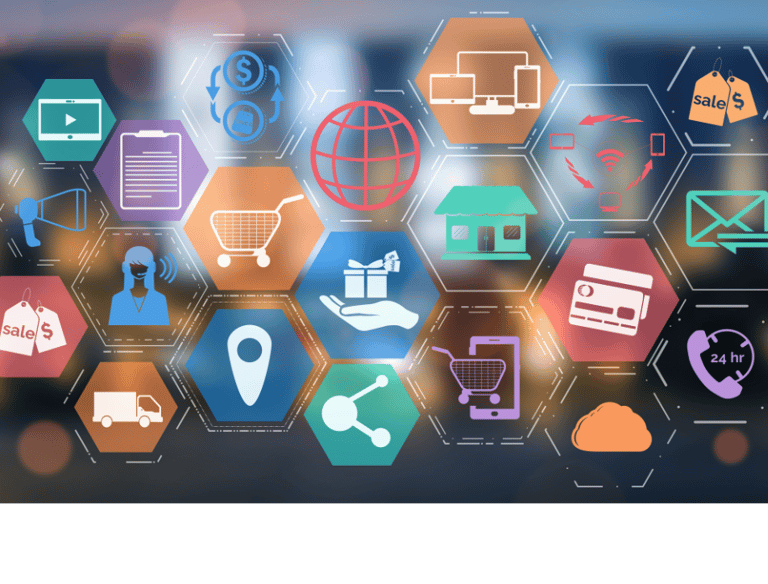 Vários ícones e desenhos representativos de ferramentas e aplicativos, com várias cores diferentes.