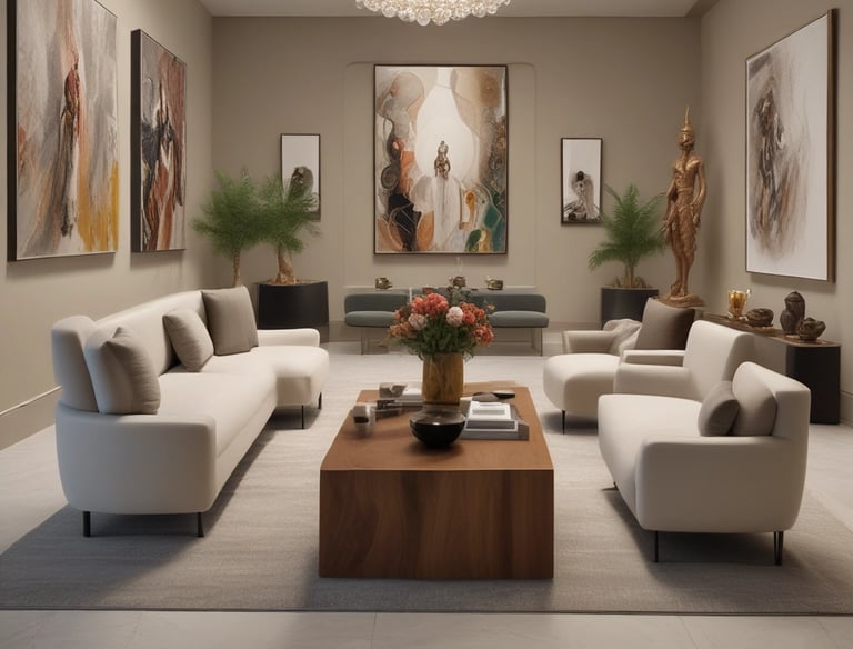 A vibrant art installation featuring a mix of traditional and contemporary pieces.