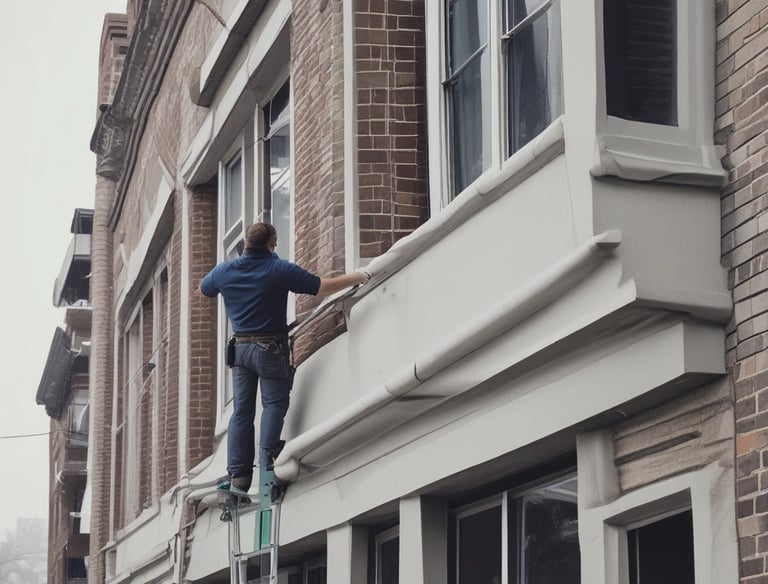 A collection of eco-friendly cleaning products and personal care items laid out on a flat surface. The composition includes bottles of cleaning sprays with silver metallic finishes, glass bottles of essential oils, wooden toothbrushes, a rectangular bar of natural soap, and various cleaning brushes with wooden handles. The arrangement is visually appealing, with shadows adding depth and texture.
