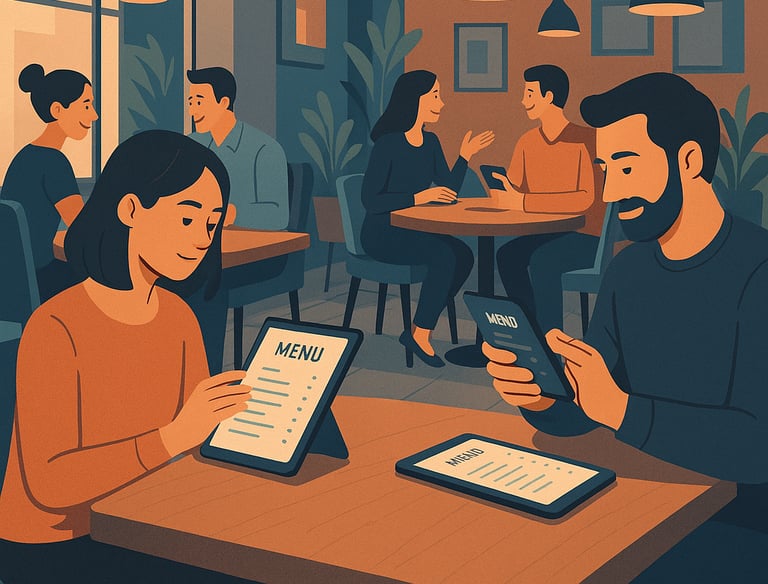 Ilustración en Hostelería, clientes leyendo carta QR Dighoreca