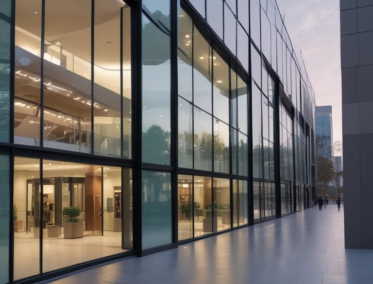 Close-up of a squeegee cleaning a dark-framed window with water droplets on glass.