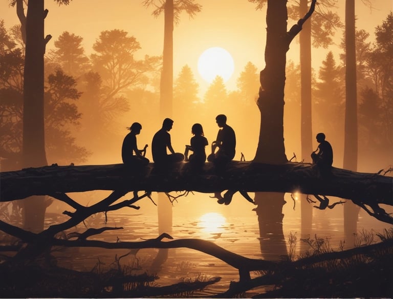 A serene group session in a softly lit room with people practicing gentle movement.
