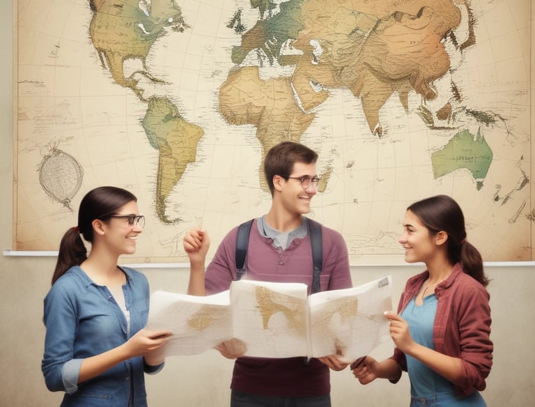A friendly consultant advising a student with study materials spread out on a desk.