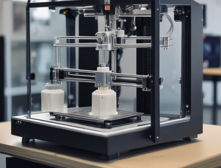 An organized studio with various 3D printers in operation.