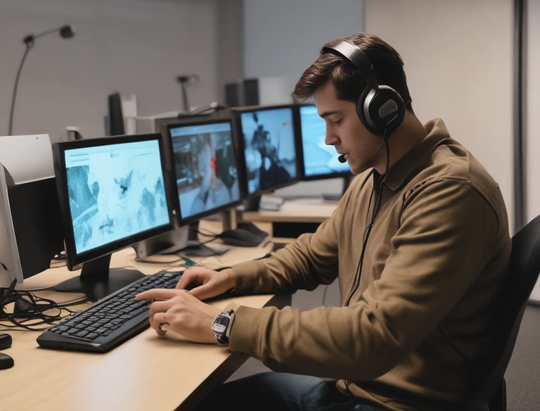 a man wearing a headset sitting in front of a computer
