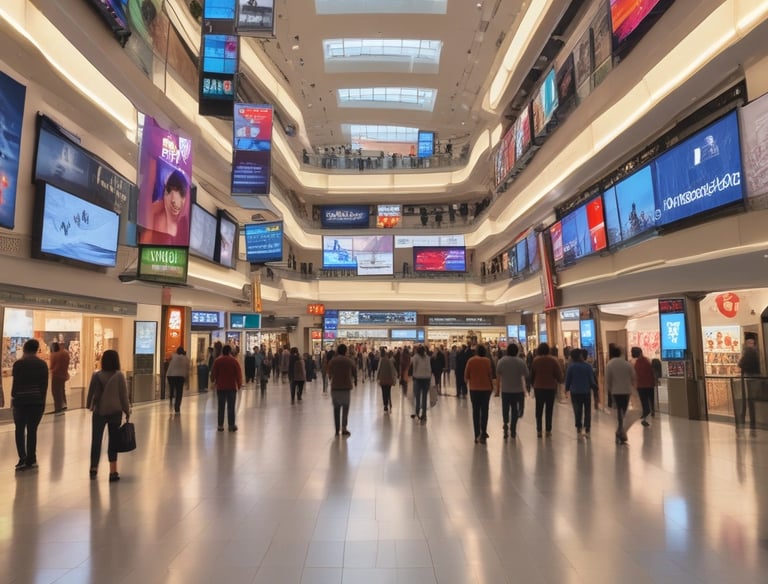 A bustling urban setting with large digital billboards displaying colorful advertisements. Prominent ads include 'Make Google do it' and 'American Idol Winner David Cook'. Bright neon colors and giant screens dominate the scene, hinting at a lively nightlife area.