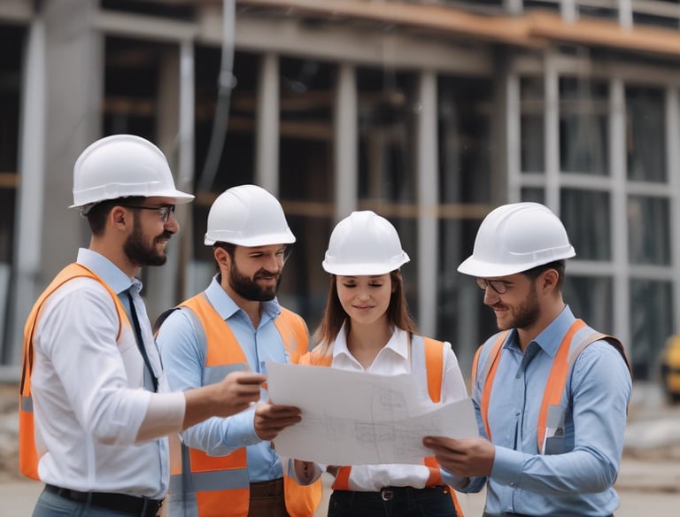 An intricate construction site with a complex framework of red steel beams and scaffolding stands prominently. Several white structural supports and yellow braces are visible, indicating an ongoing building project. The foreground displays signage in a language suggesting construction of luxury apartments.