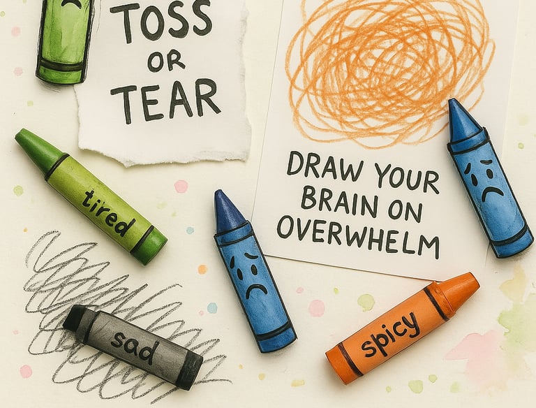 Colorful crayon characters with torn paper and scribbles, illustrating emotional expression thru art