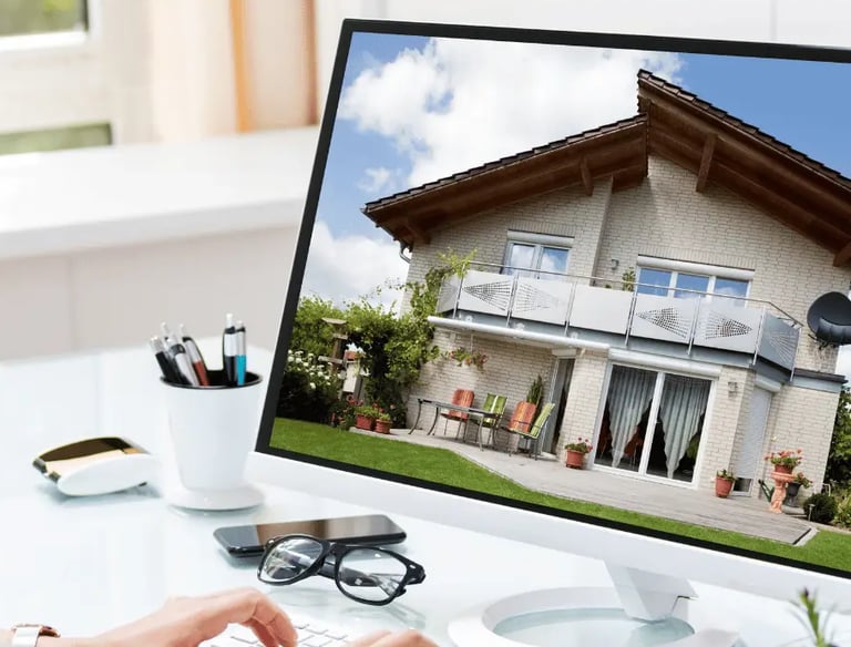 Computer screen showing HDR real estate photo of house exterior