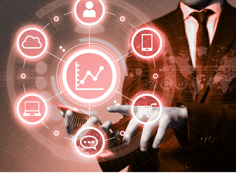 Um homem segurando um celular e clicando em um painel visual com ícones representando a empresa.