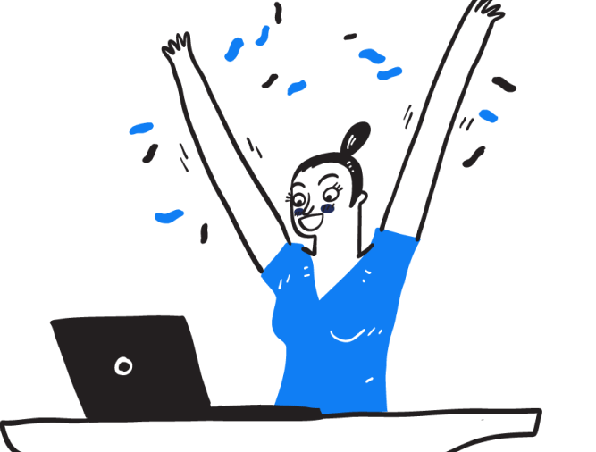 Ilustração de mulher comemorando sucesso em frente ao laptop