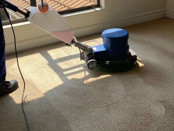 Limpeza de carpete em Campinas - máquina rotativa com reservatório aplicando solução de limpeza sob luz natural.