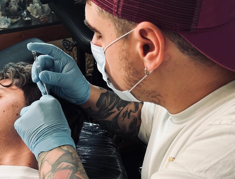 Body piercer Rodolfo a fazer um piercing no estúdio de tatuagens e body piercing