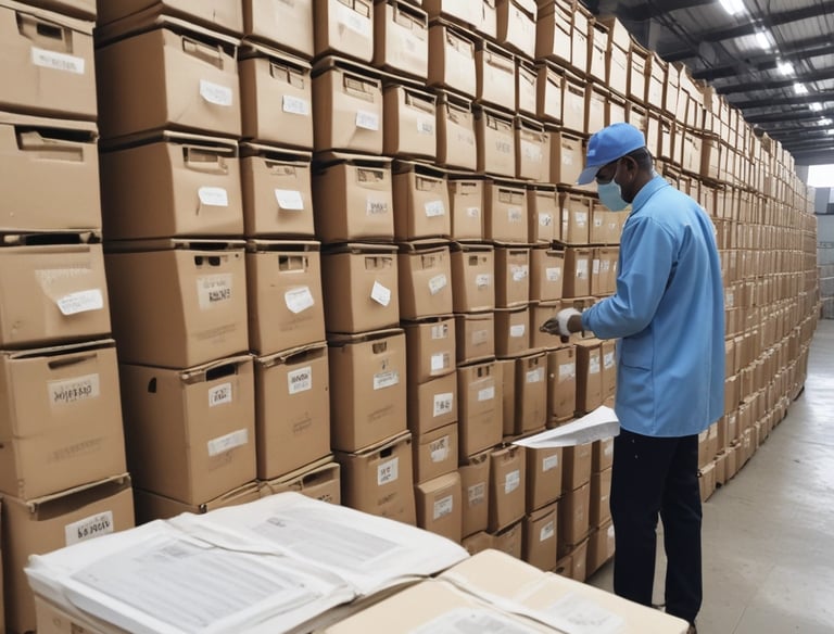 A cargo airplane is being loaded with large, wrapped packages at an airport. Several workers in high-visibility vests are present, overseeing the loading process. One worker is operating machinery to elevate the cargo into the airplane's open cargo hold. Various equipment and vehicles are situated around the plane.
