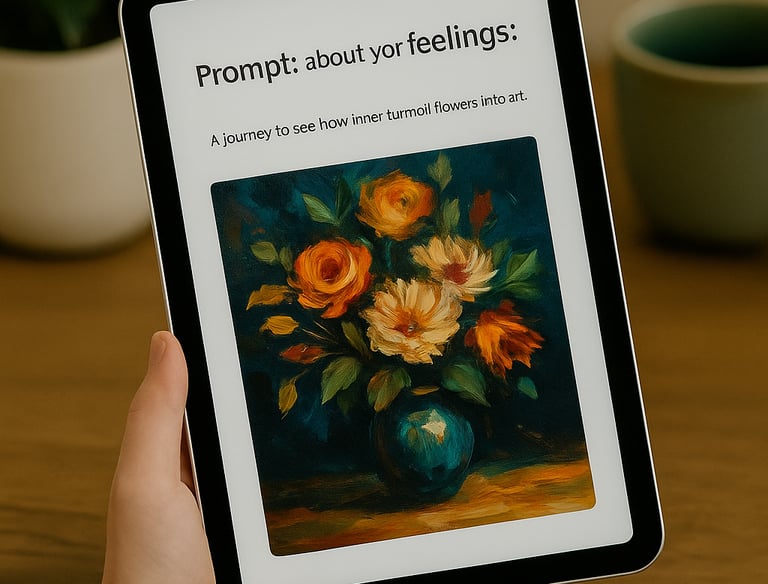 Tablet with emotional AI art prompt and stormy visual for healing through creativity