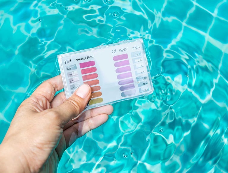 Water chemistry testing strip kit used to ensure healthy pool water balance for residential maintenance clients.
