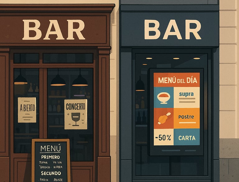 Ilustración en Hostelería 2 escaparates de bares (cartelería y pizarra tradicional vs pantalla y qr)