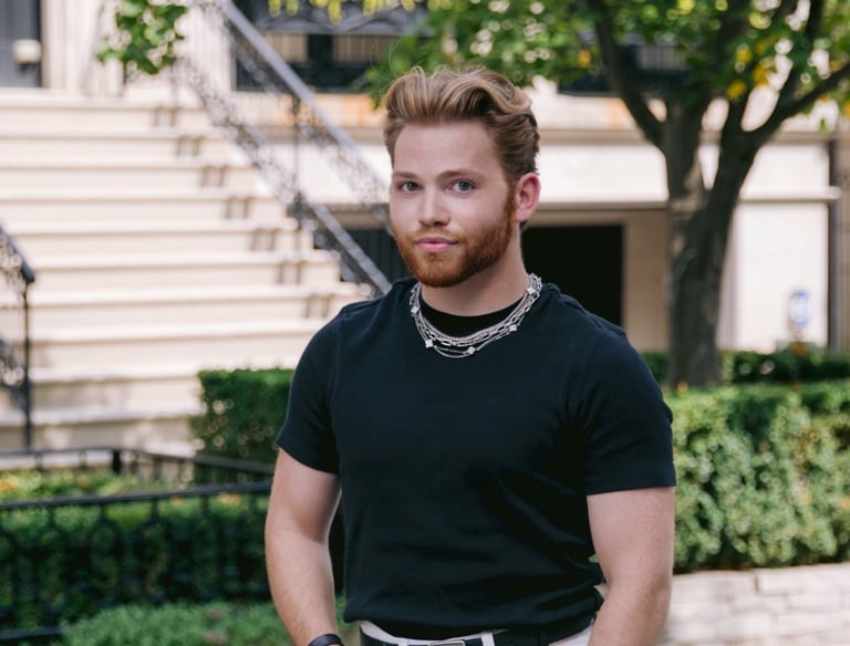 a man in a black shirt and white pants