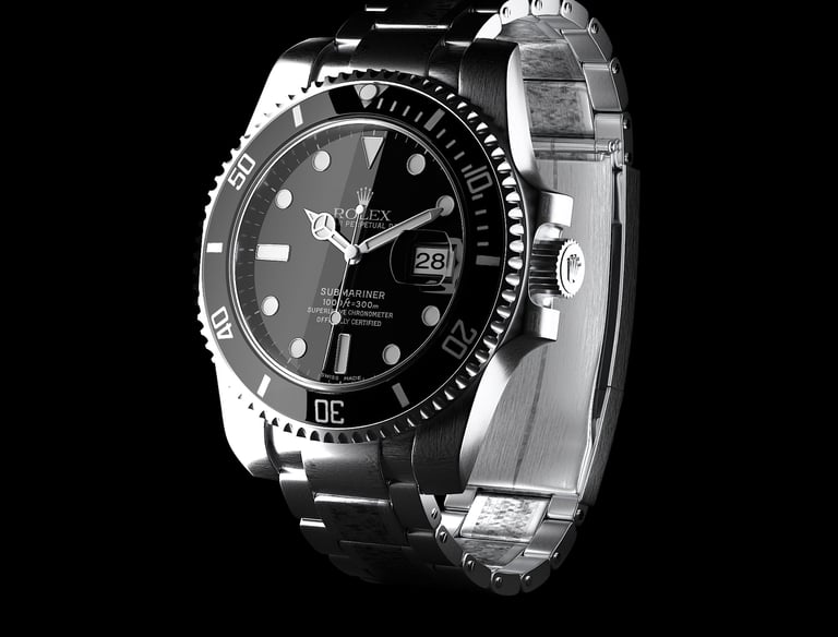 A rendering of a black and stainless Rolex Submariner mens watch