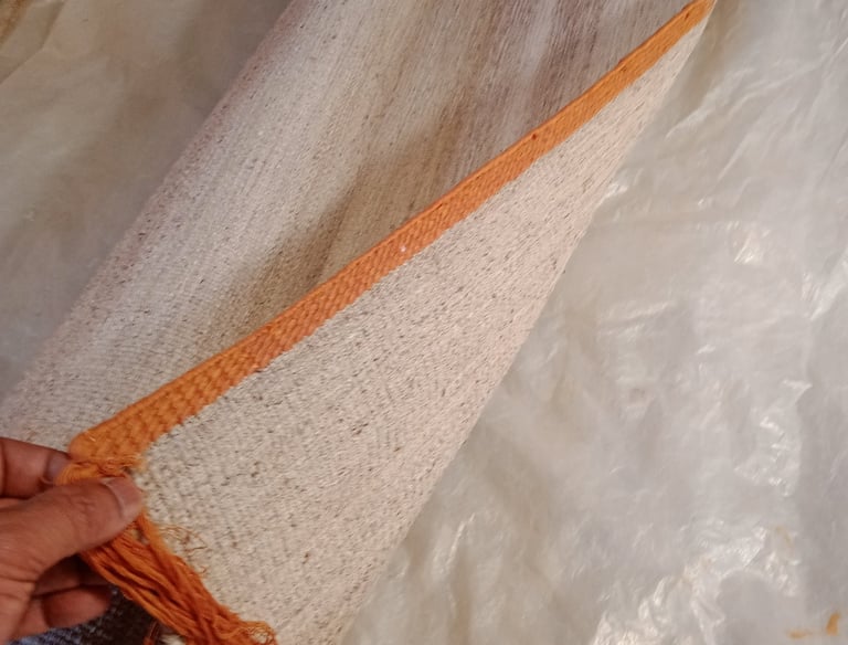 Flat-weave hand-interlaced sample rug, hand-interlacing technique, pile carpet with Highland wool