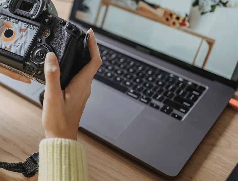 Photographer reviewing real estate photos for fast editing.