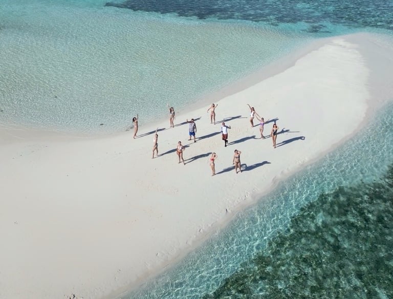 Sandbank in the Maldives. With 12 people enjoying their private group time middle of the ocean.