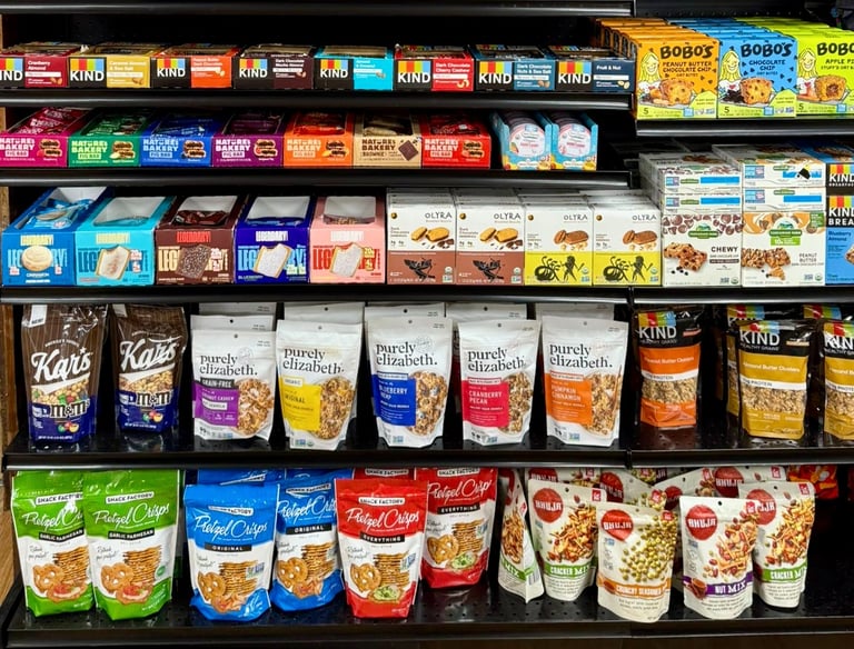 Round Hill Market snack aisle with various brands including Purely Elizabeth, Kind, Think!, and Pretzel Crisps.