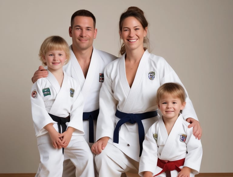 Young judoka practicing throws with a coach in a bright dojo.