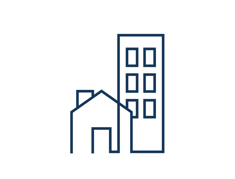 Ikona domku i budynku, obrazująca relacje z administracją publiczną.