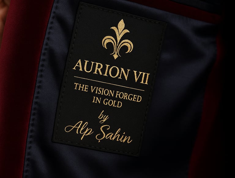 Close-up of the Aurion VII golden emblem inside a tailored jacket, representing elegance and crafted