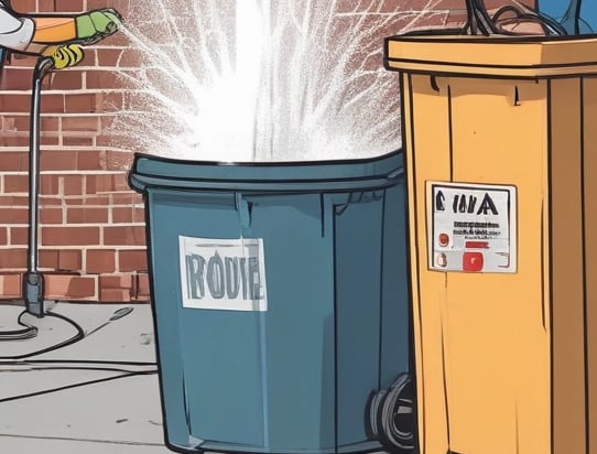 A technician in uniform sanitizing a row of residential bins with specialized equipment.