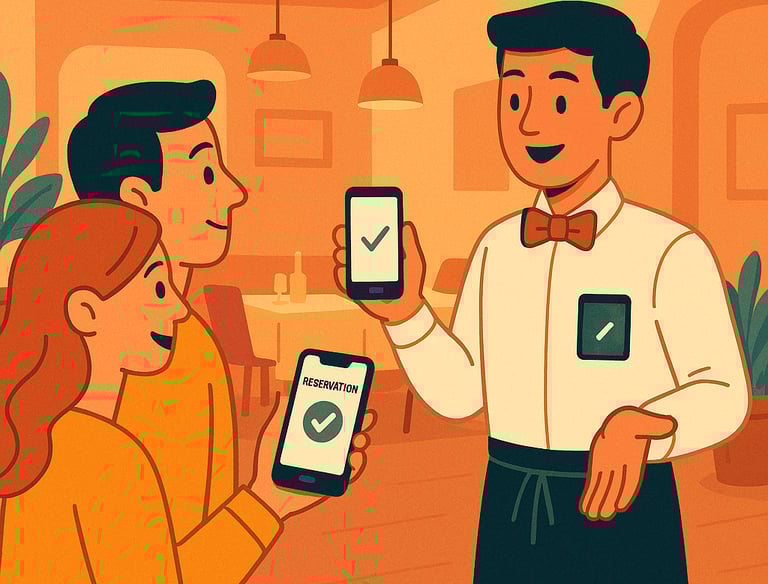 Ilustración en Hostelería, camarero validando la reserva Dighoreca a unos clientes