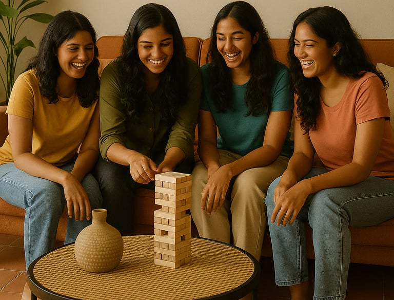 a group of women sitting on a couch playing with blocks