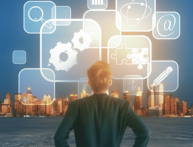 um homem olha um painel de engrenagens na frente de uma vista da cidade.