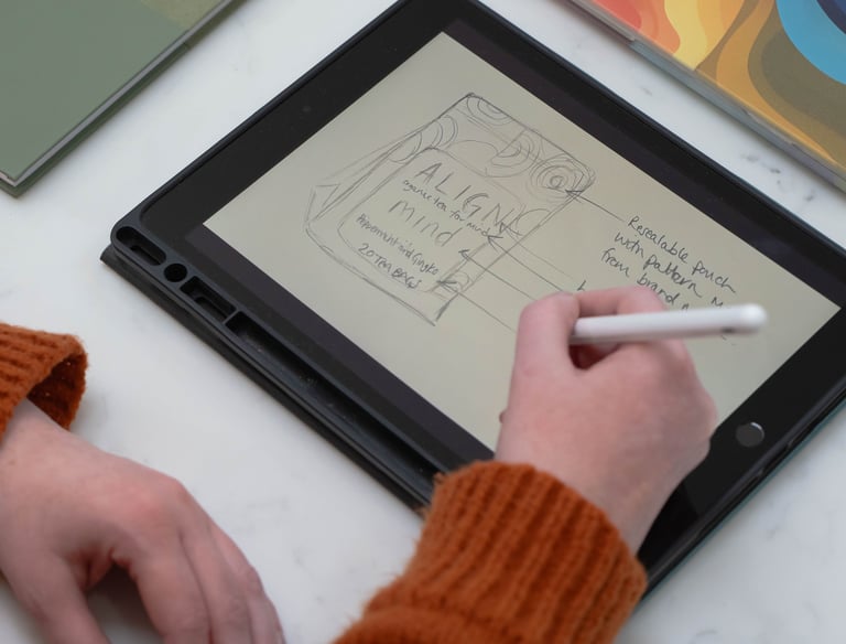 Graphic design process — brand concept sketches on tablet