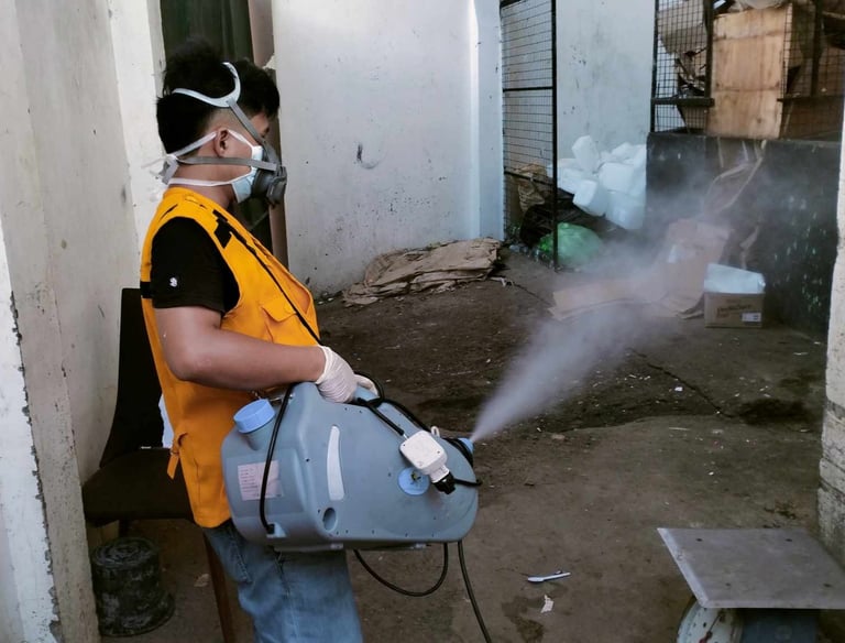 Professional exterminator wearing a mask and vest using a fogging machine for pest control services.