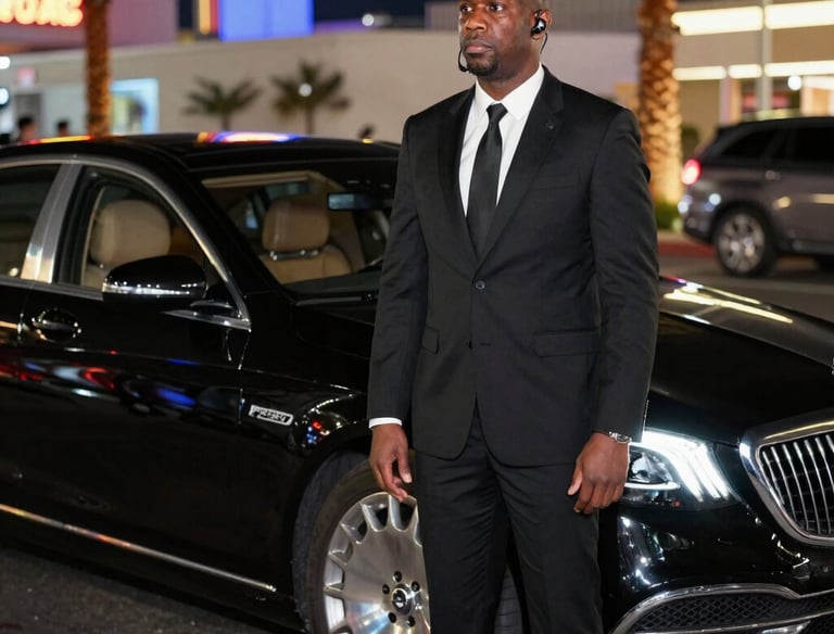 An executive being escorted confidently by security personnel into a black luxury vehicle.