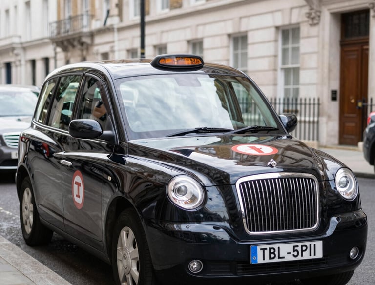 A professional taxi waiting outside an airport terminal for passengers.