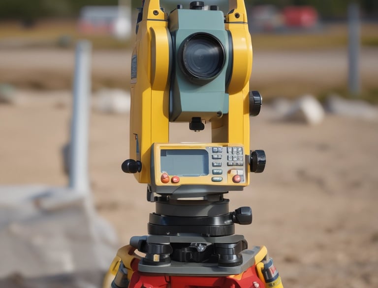 A professional surveyor using GPS equipment in the field surrounded by measurement tools.