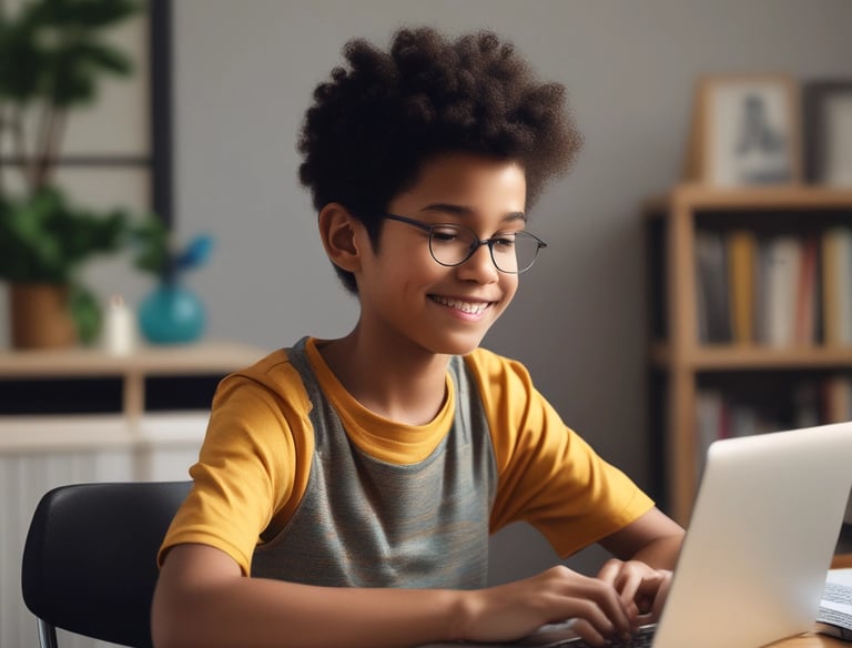 A cheerful child learning Spanish on a tablet with an interactive app.