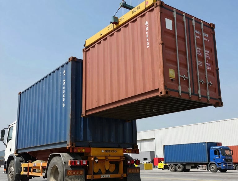 Workers efficiently loading goods into a container using a forklift.