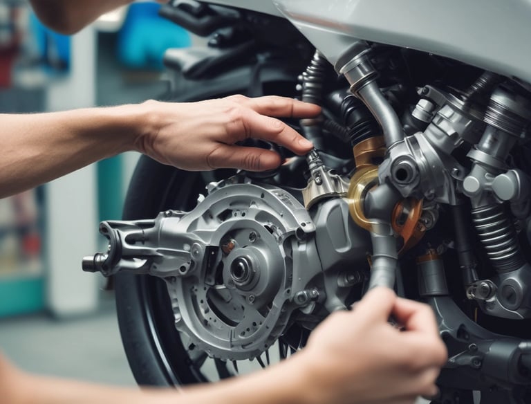 Close-up of a mechanic inspecting motorcycle brakes with specialized tools.
